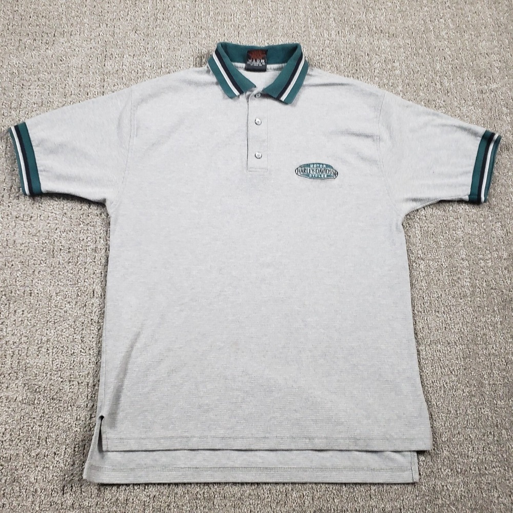 Harley Davidson Vintage 90s Polo Shirt Mens L Gray Made in USA Bahamas Biker